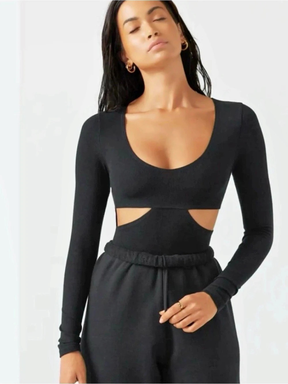 Joah Brown Ribbed Cutout Long sleeve Top Black Small